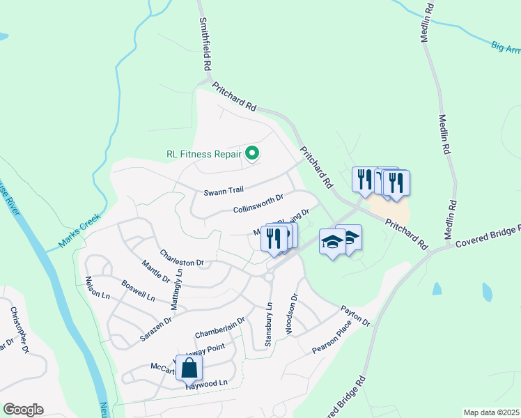 map of restaurants, bars, coffee shops, grocery stores, and more near 336 Collinsworth Drive in Clayton