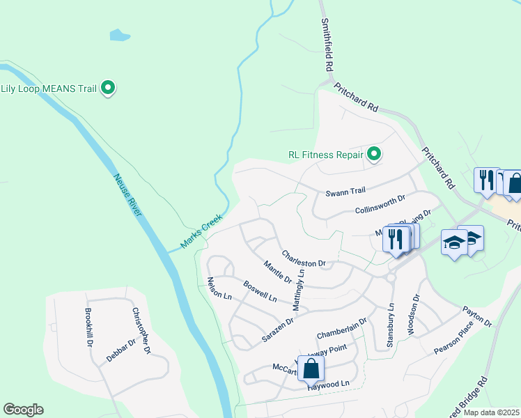 map of restaurants, bars, coffee shops, grocery stores, and more near 121 Dawson Drive in Clayton