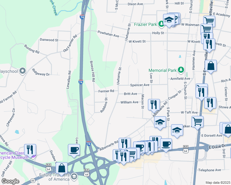 map of restaurants, bars, coffee shops, grocery stores, and more near 935 Uwharrie Street in Asheboro
