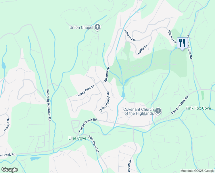 map of restaurants, bars, coffee shops, grocery stores, and more near 43 Union Chapel Road in Weaverville