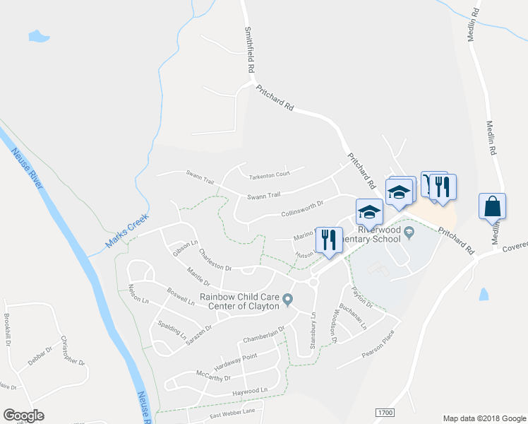 map of restaurants, bars, coffee shops, grocery stores, and more near 377 Collinsworth Drive in Clayton