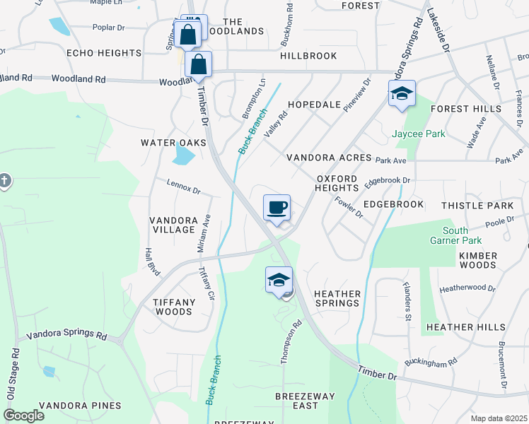 map of restaurants, bars, coffee shops, grocery stores, and more near 201 Timber Pointe Lane in Garner