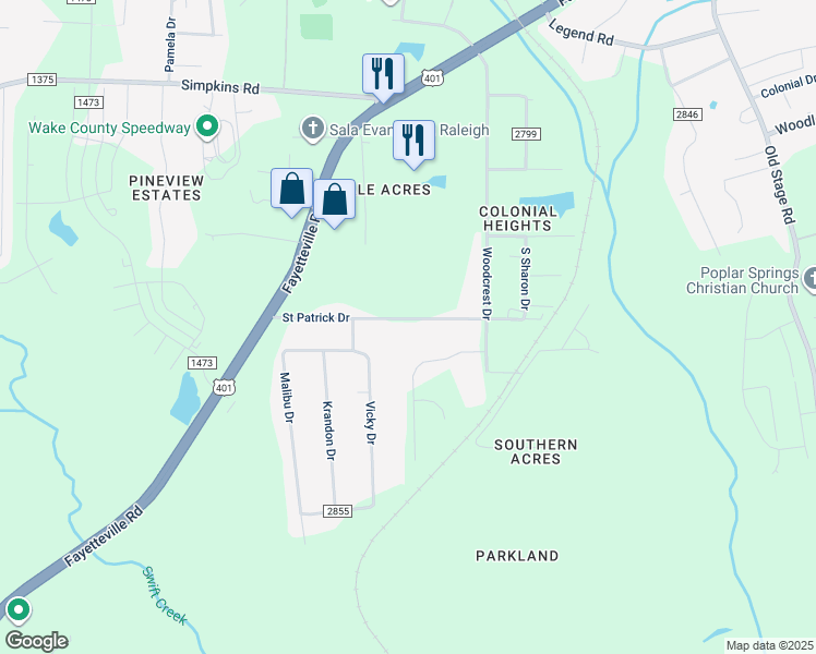 map of restaurants, bars, coffee shops, grocery stores, and more near 1619 Saint Patrick Drive in Raleigh
