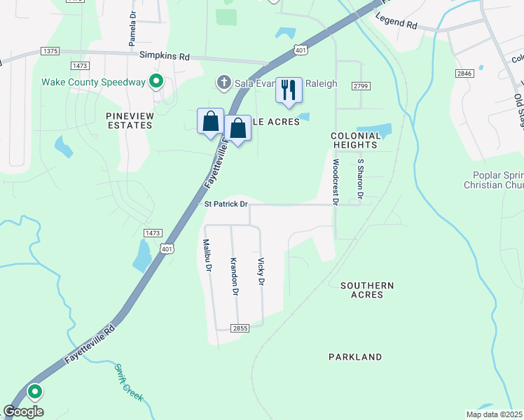 map of restaurants, bars, coffee shops, grocery stores, and more near 1715 Saint Patrick Drive in Raleigh