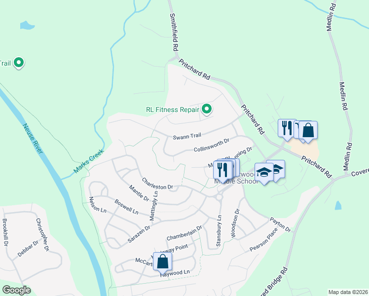 map of restaurants, bars, coffee shops, grocery stores, and more near 377 Collinsworth Drive in Clayton