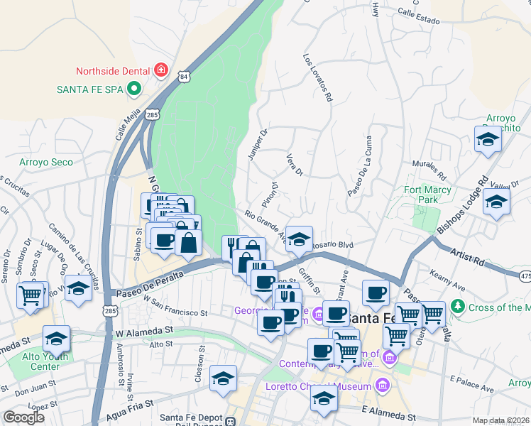 map of restaurants, bars, coffee shops, grocery stores, and more near 516 Rio Grande Avenue in Santa Fe