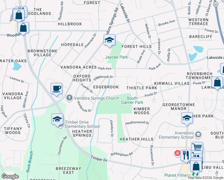map of restaurants, bars, coffee shops, grocery stores, and more near 1610 Sycamore Drive in Garner