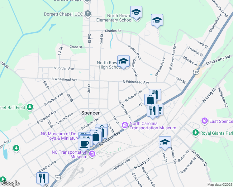 map of restaurants, bars, coffee shops, grocery stores, and more near 313 West Newton Street in Spencer