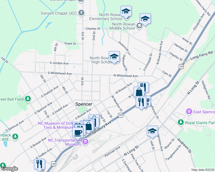 map of restaurants, bars, coffee shops, grocery stores, and more near 315 West Newton Street in Spencer