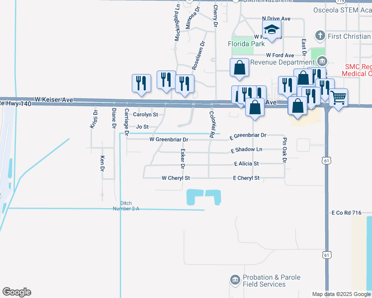 map of restaurants, bars, coffee shops, grocery stores, and more near 109 West Shadow Lane in Osceola