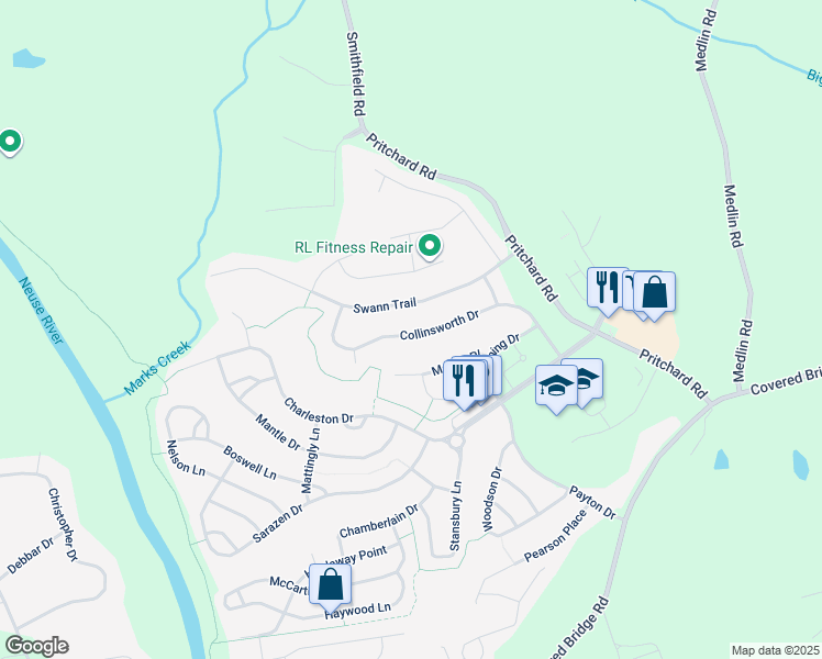 map of restaurants, bars, coffee shops, grocery stores, and more near 357 Collinsworth Drive in Clayton