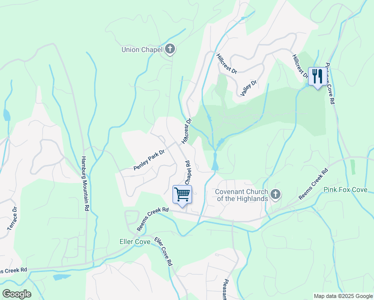 map of restaurants, bars, coffee shops, grocery stores, and more near 43 Union Chapel Road in Weaverville