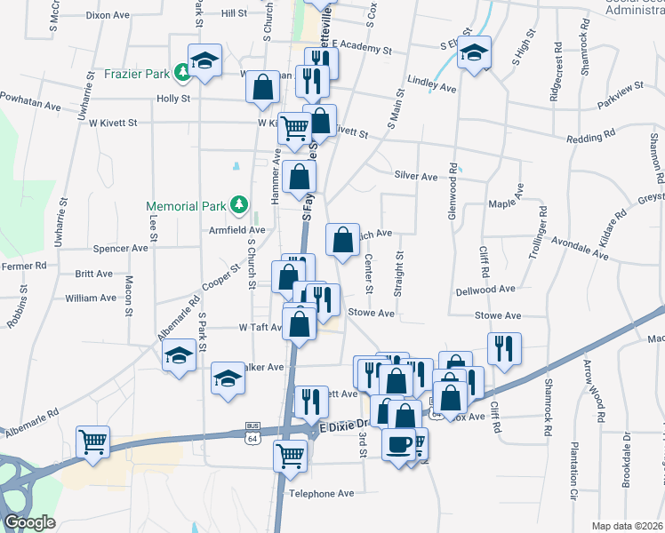 map of restaurants, bars, coffee shops, grocery stores, and more near 955 South Cox Street in Asheboro