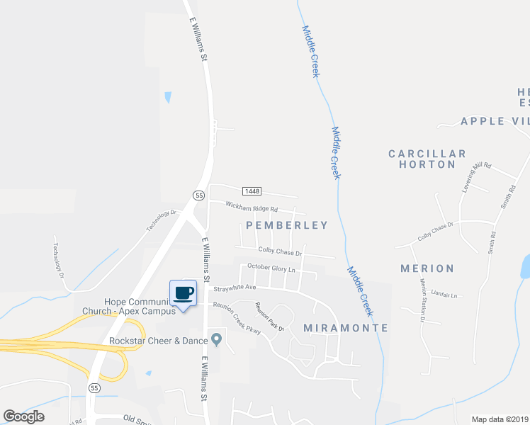 map of restaurants, bars, coffee shops, grocery stores, and more near 2414 Pilsley Road in Apex