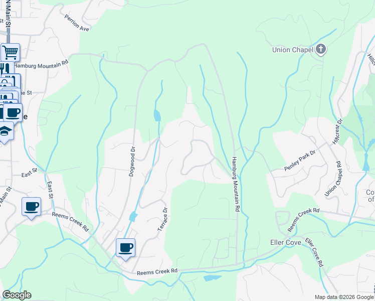 map of restaurants, bars, coffee shops, grocery stores, and more near 28 Forest Knoll Drive in Weaverville