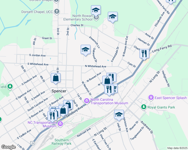 map of restaurants, bars, coffee shops, grocery stores, and more near 301 Harrison Street in Spencer