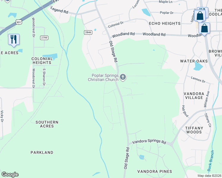 map of restaurants, bars, coffee shops, grocery stores, and more near 6117-6299 Old Stage Road in Raleigh