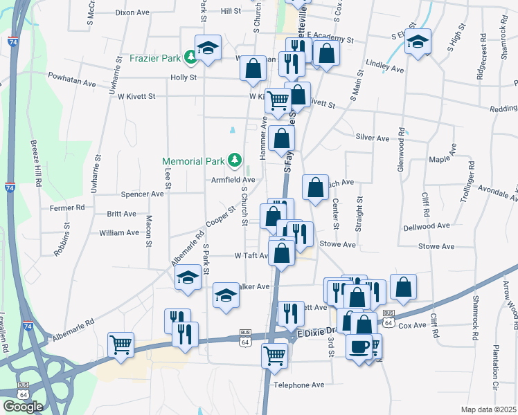 map of restaurants, bars, coffee shops, grocery stores, and more near 952A South Fayetteville Street in Asheboro