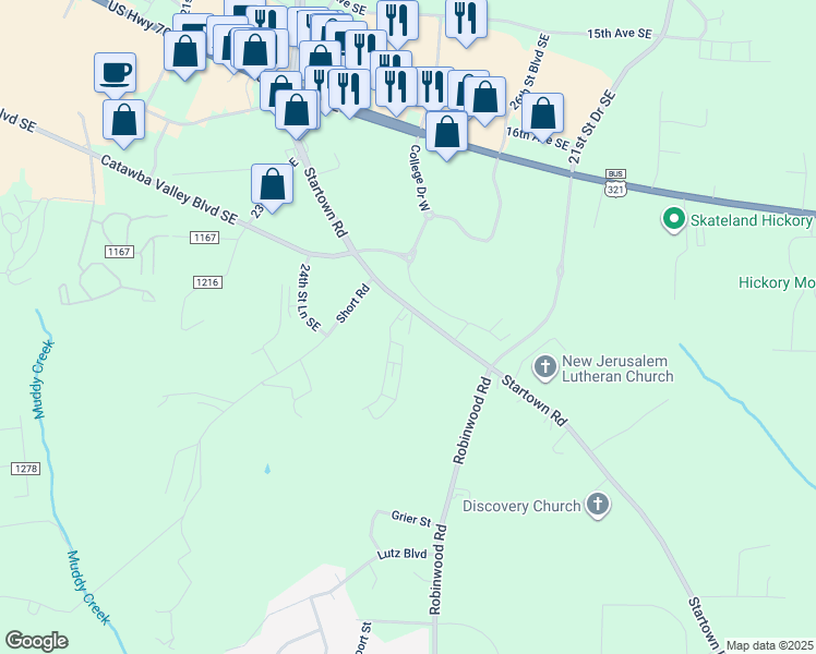map of restaurants, bars, coffee shops, grocery stores, and more near 2007 Startown Road in Hickory