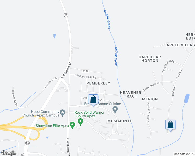 map of restaurants, bars, coffee shops, grocery stores, and more near 705 Wickham Ridge Road in Apex
