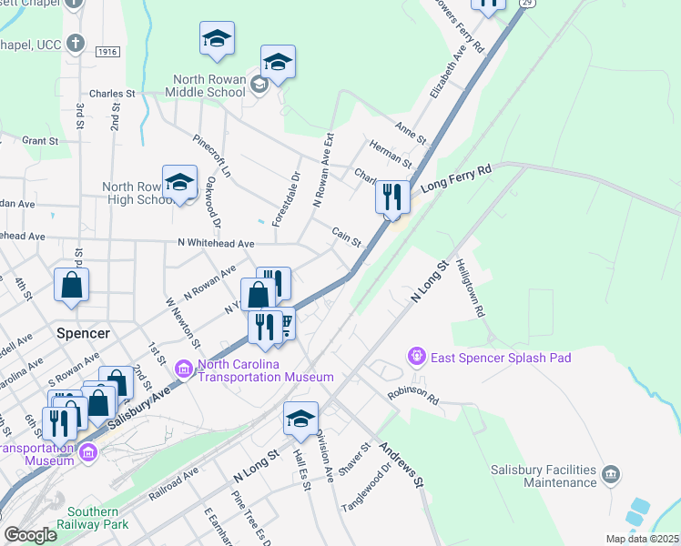 map of restaurants, bars, coffee shops, grocery stores, and more near 436 North Salisbury Avenue in Spencer