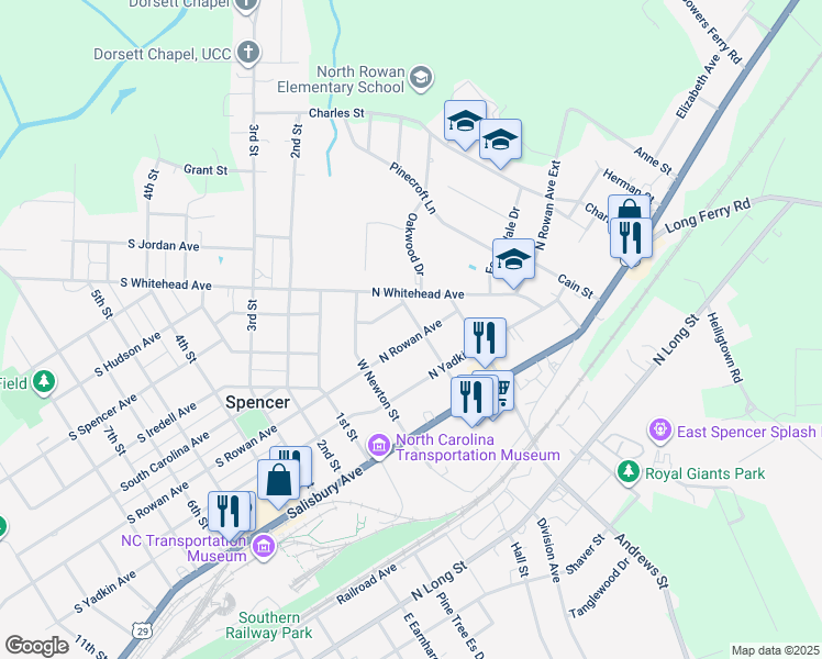 map of restaurants, bars, coffee shops, grocery stores, and more near 301 Harrison Street in Spencer