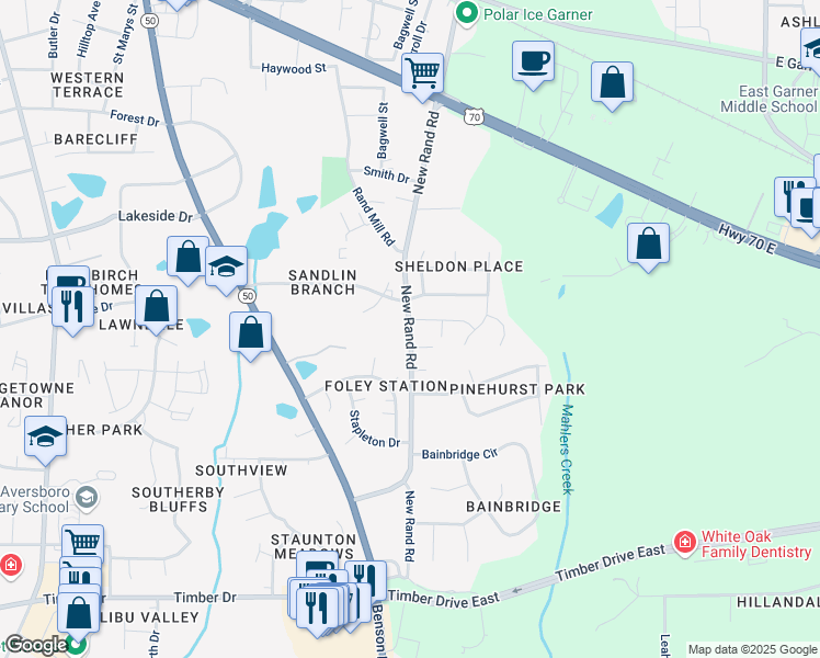 map of restaurants, bars, coffee shops, grocery stores, and more near New Rand Road in Garner