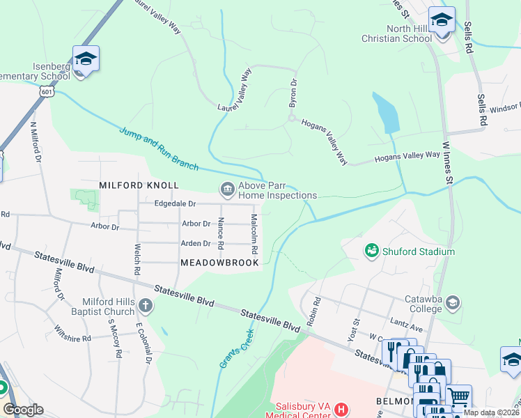 map of restaurants, bars, coffee shops, grocery stores, and more near 1030 Edgedale Drive in Salisbury