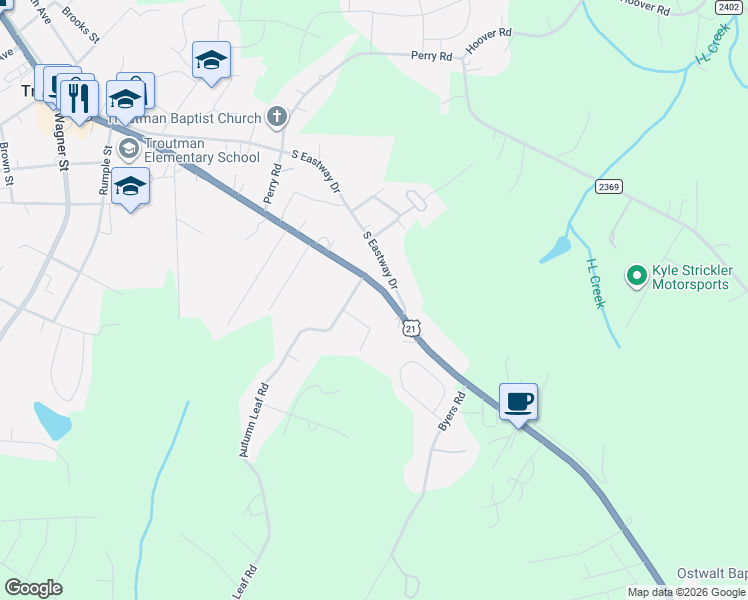 map of restaurants, bars, coffee shops, grocery stores, and more near 496 South Main Street in Troutman