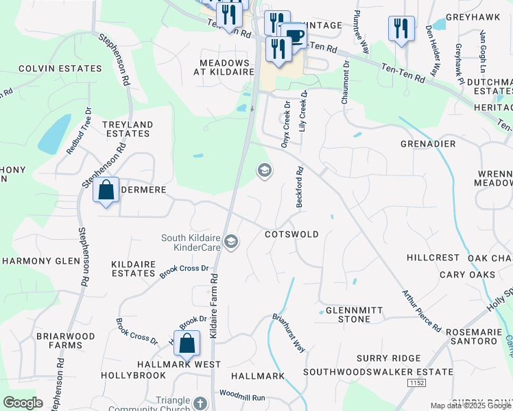 map of restaurants, bars, coffee shops, grocery stores, and more near 1011 Augustine Trail in Cary