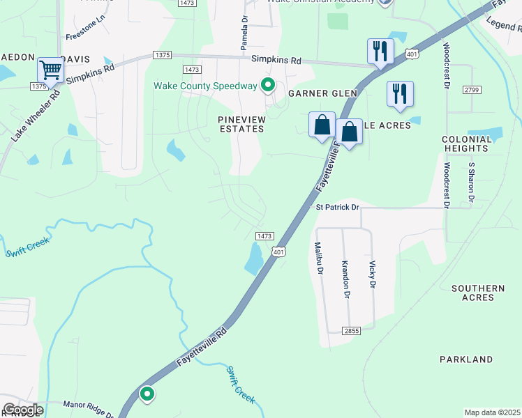 map of restaurants, bars, coffee shops, grocery stores, and more near 6000 Fayetteville Road in Raleigh