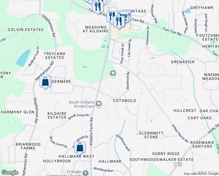 map of restaurants, bars, coffee shops, grocery stores, and more near 1011 Augustine Trail in Cary
