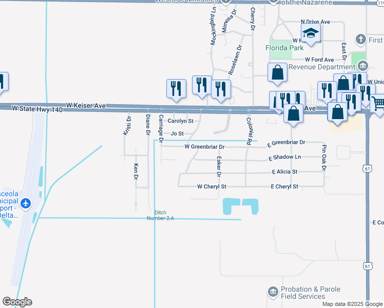 map of restaurants, bars, coffee shops, grocery stores, and more near 128 West Greenbriar Drive in Osceola