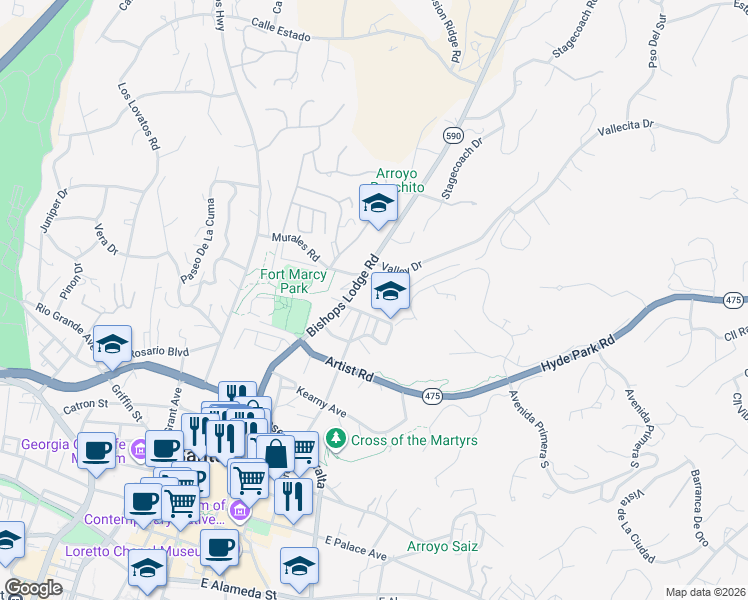 map of restaurants, bars, coffee shops, grocery stores, and more near 663 Bishops Lodge Road in Santa Fe