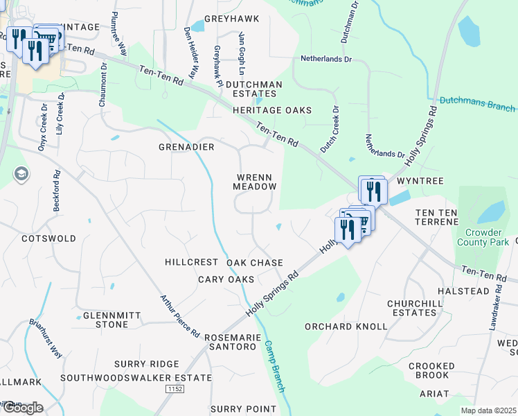 map of restaurants, bars, coffee shops, grocery stores, and more near 4300 Winding Oak Way in Apex