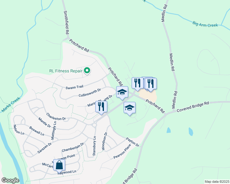 map of restaurants, bars, coffee shops, grocery stores, and more near 200 Collinsworth Drive in Clayton