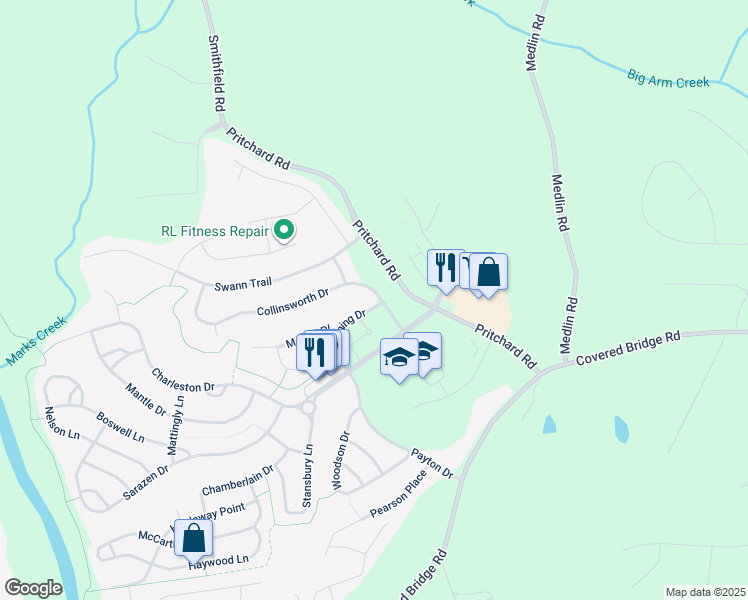 map of restaurants, bars, coffee shops, grocery stores, and more near 200 Collinsworth Drive in Clayton