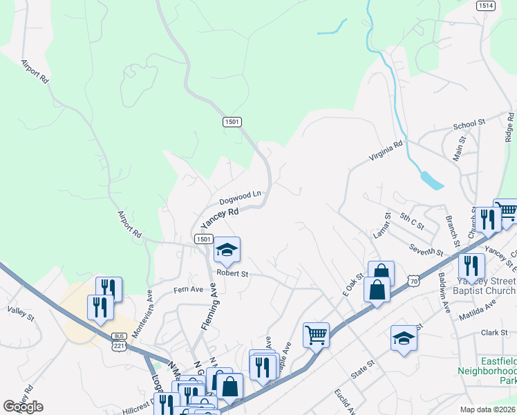map of restaurants, bars, coffee shops, grocery stores, and more near 310 Yancey Road in Marion