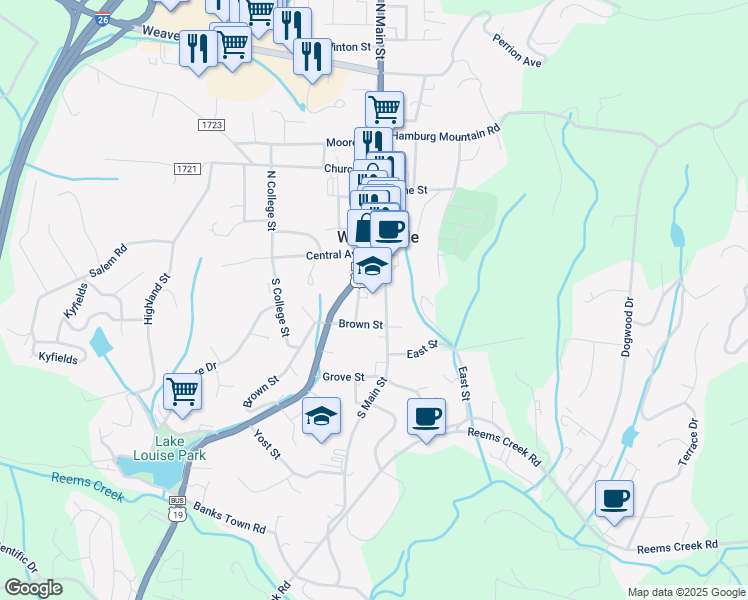 map of restaurants, bars, coffee shops, grocery stores, and more near 39 South Main Street in Weaverville