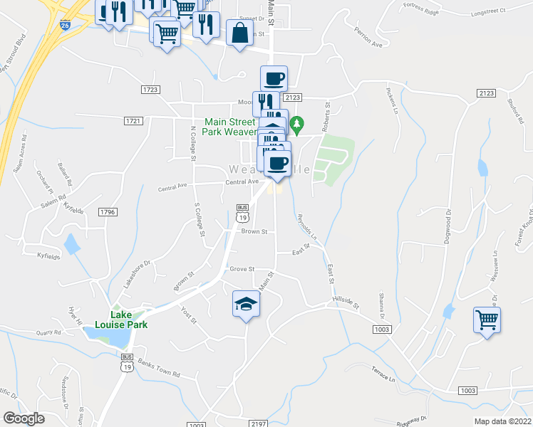 map of restaurants, bars, coffee shops, grocery stores, and more near 39 South Main Street in Weaverville