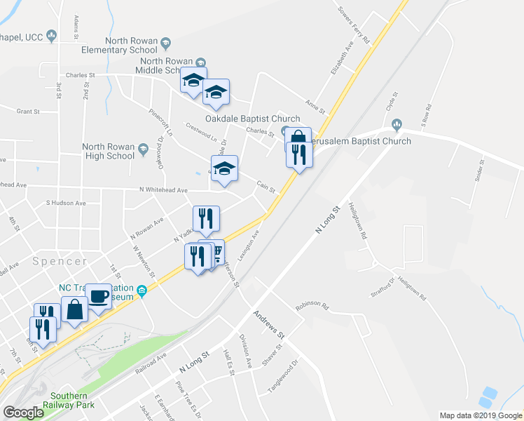 map of restaurants, bars, coffee shops, grocery stores, and more near 101A Henderson Street in Spencer