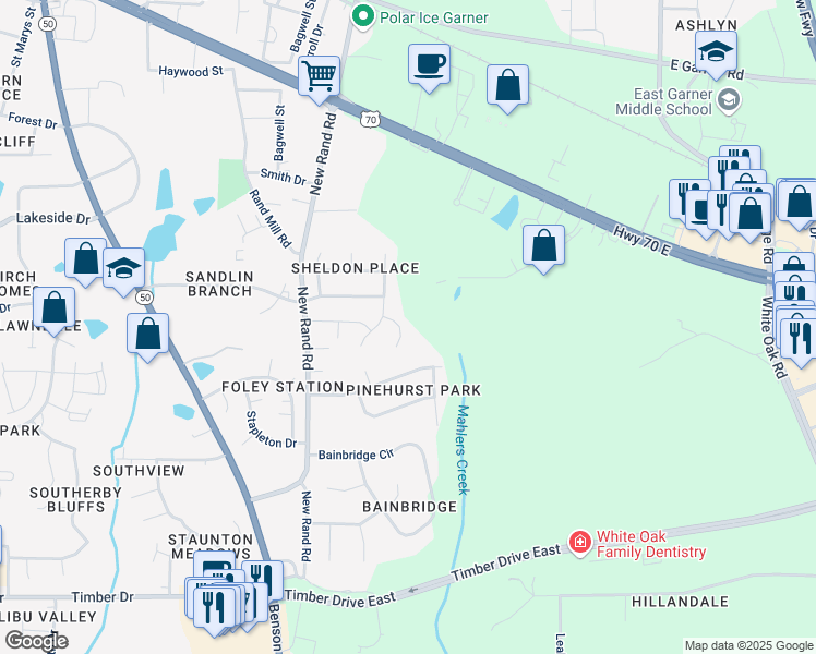 map of restaurants, bars, coffee shops, grocery stores, and more near 109 Zulabelle Court in Garner