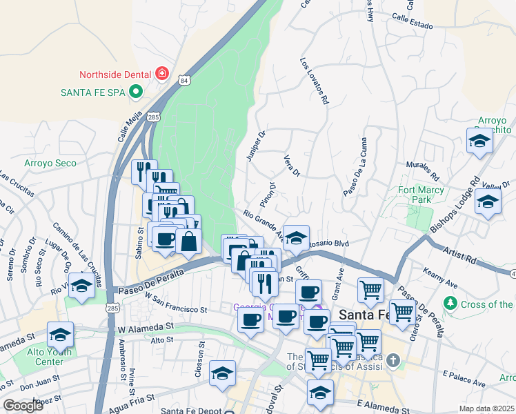 map of restaurants, bars, coffee shops, grocery stores, and more near 3 Camino Altito in Santa Fe