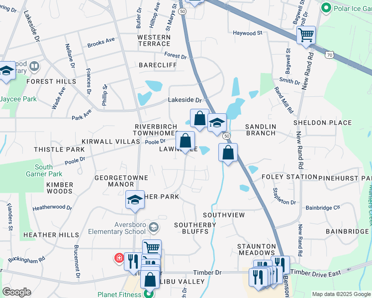 map of restaurants, bars, coffee shops, grocery stores, and more near 1365 Lawndale Street in Garner