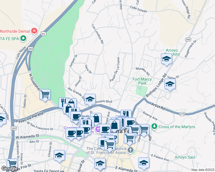 map of restaurants, bars, coffee shops, grocery stores, and more near 565 Del Norte Lane in Santa Fe