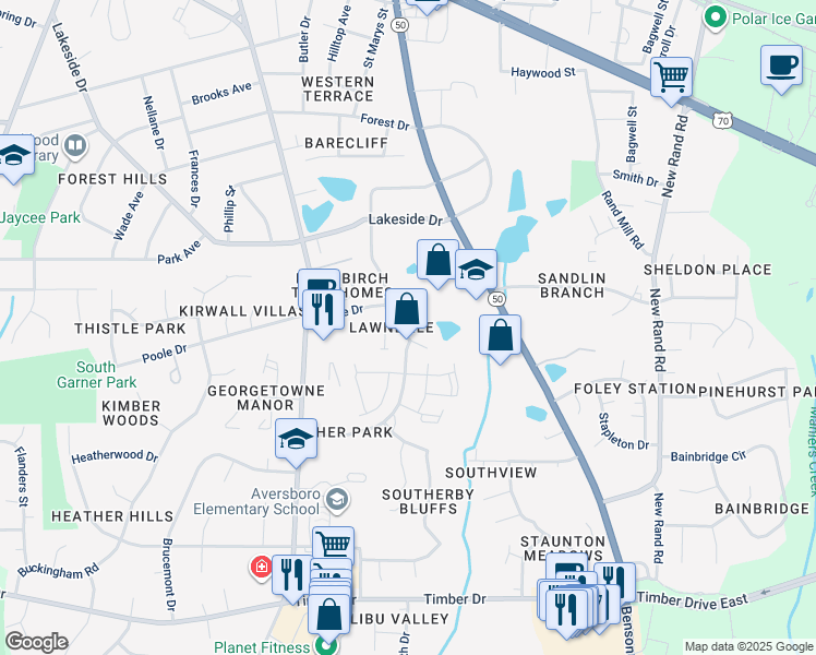 map of restaurants, bars, coffee shops, grocery stores, and more near 1365 Lawndale Street in Garner
