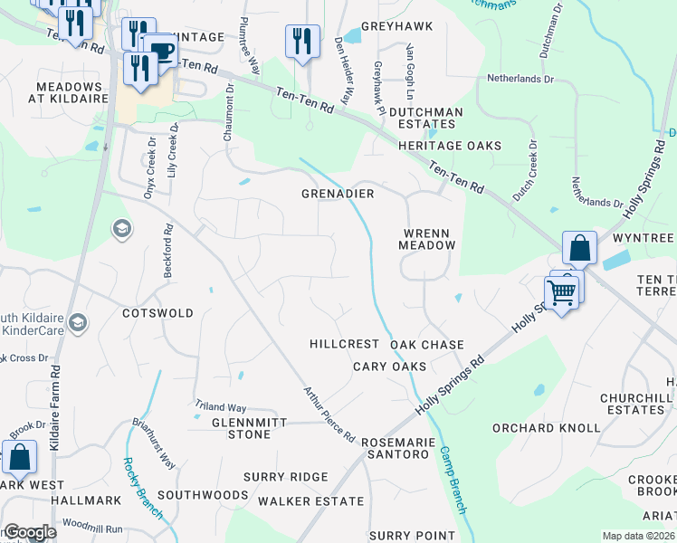 map of restaurants, bars, coffee shops, grocery stores, and more near 1008 Dozier Way in Apex