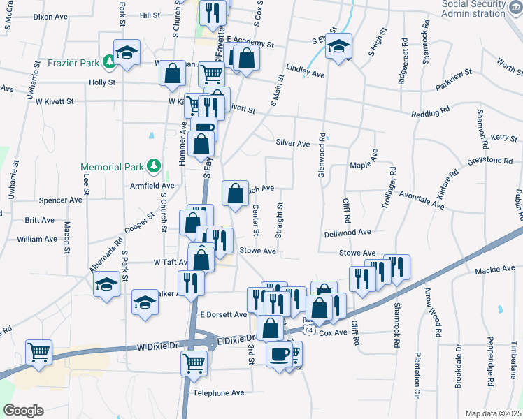 map of restaurants, bars, coffee shops, grocery stores, and more near 909 Center Street in Asheboro