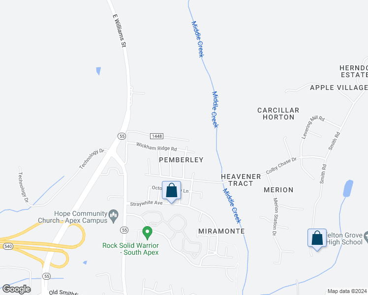 map of restaurants, bars, coffee shops, grocery stores, and more near 702 Wickham Ridge Road in Apex