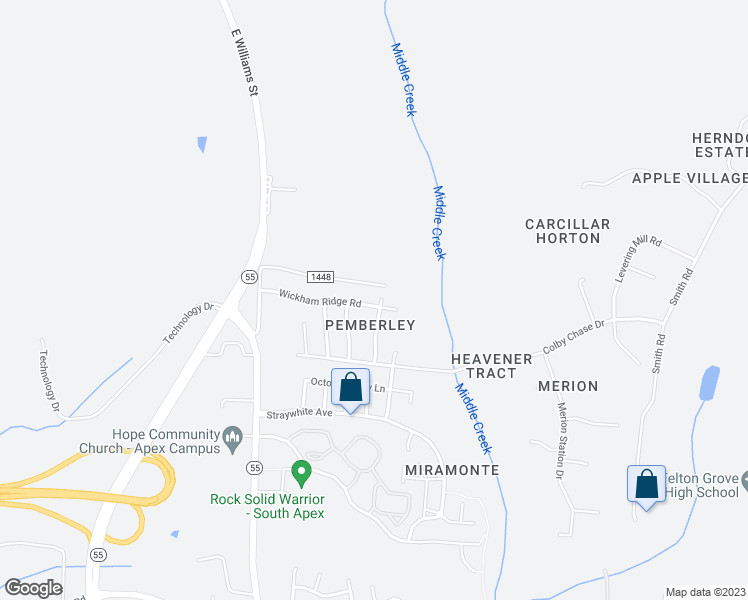 map of restaurants, bars, coffee shops, grocery stores, and more near 704 Wickham Ridge Road in Apex